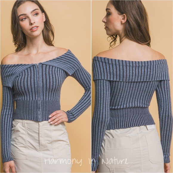 Zip-Me-Up Bardot Ribbed Top - Blue - Picture 2 of 10